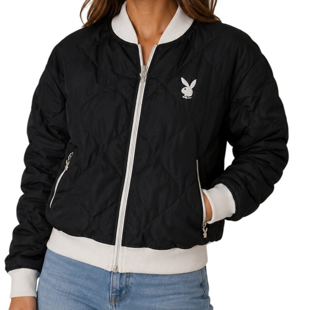 Playboy Black And White Quilted Bomber‎ Jacket Women's Large